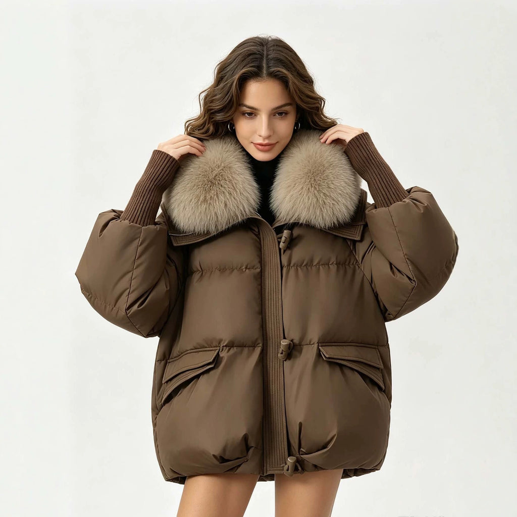 Women's Loose Cropped Puffer Jacket with Oversized Fur Collar