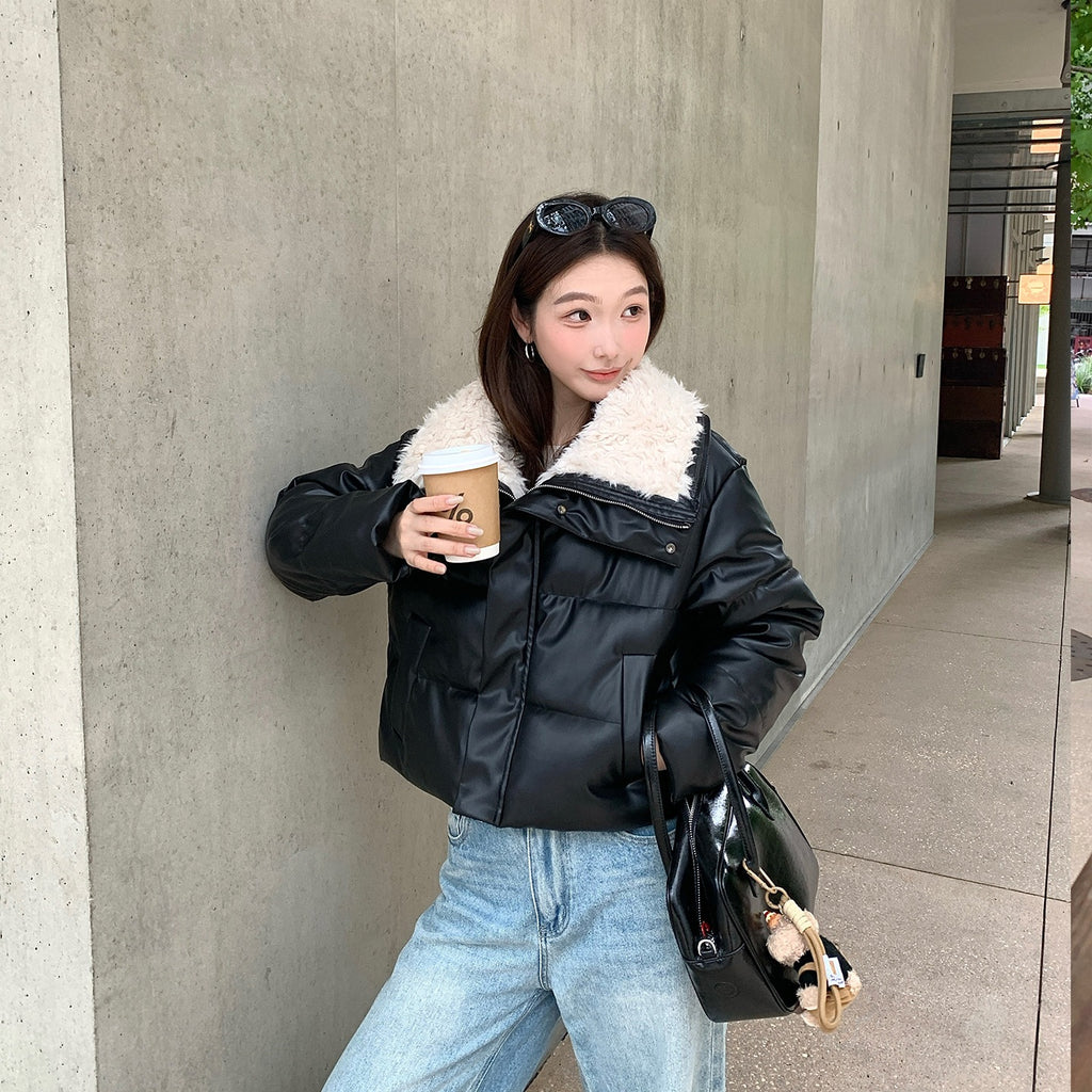 Women's Winter Fleece Lapel Padded Jacket, Protein Leather Feel Splicing Thickened Warm Coat