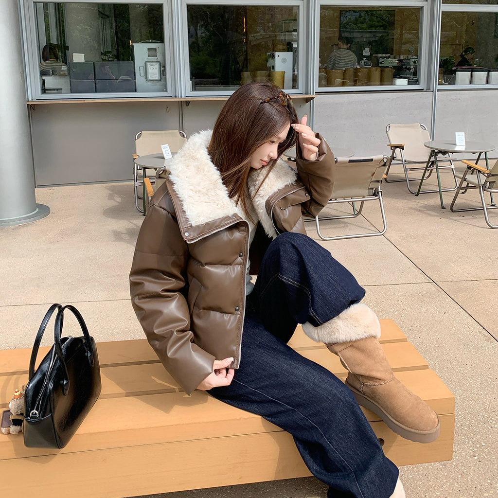 Women's Winter Fleece Lapel Padded Jacket, Protein Leather Feel Splicing Thickened Warm Coat