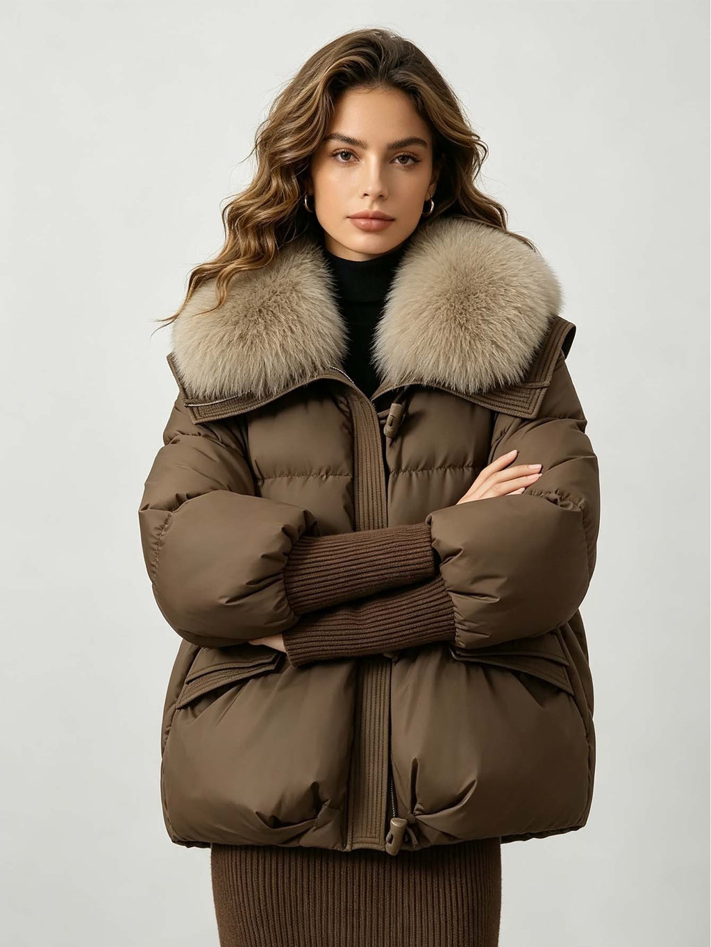 Women's Loose Cropped Puffer Jacket with Oversized Fur Collar