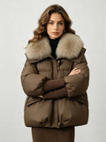 Women's Loose Cropped Puffer Jacket with Oversized Fur Collar