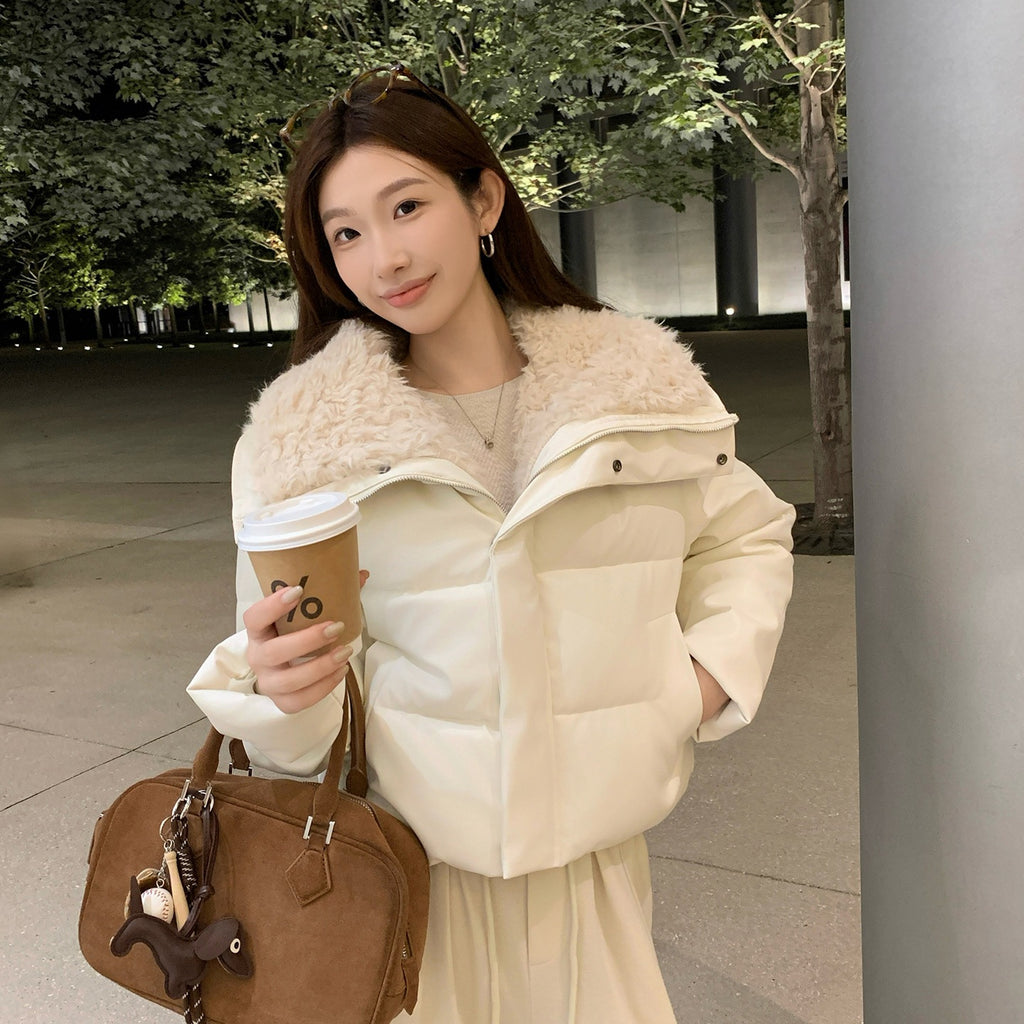 Women's Winter Fleece Lapel Padded Jacket, Protein Leather Feel Splicing Thickened Warm Coat