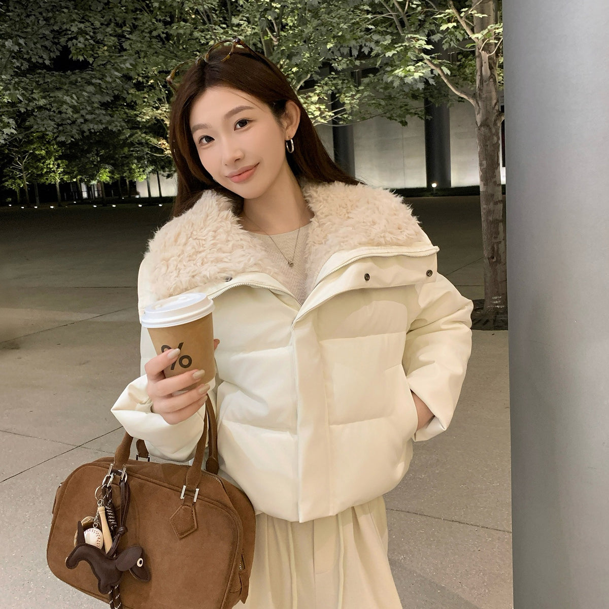 Women's Winter Fleece Lapel Padded Jacket, Protein Leather Feel Splicing Thickened Warm Coat