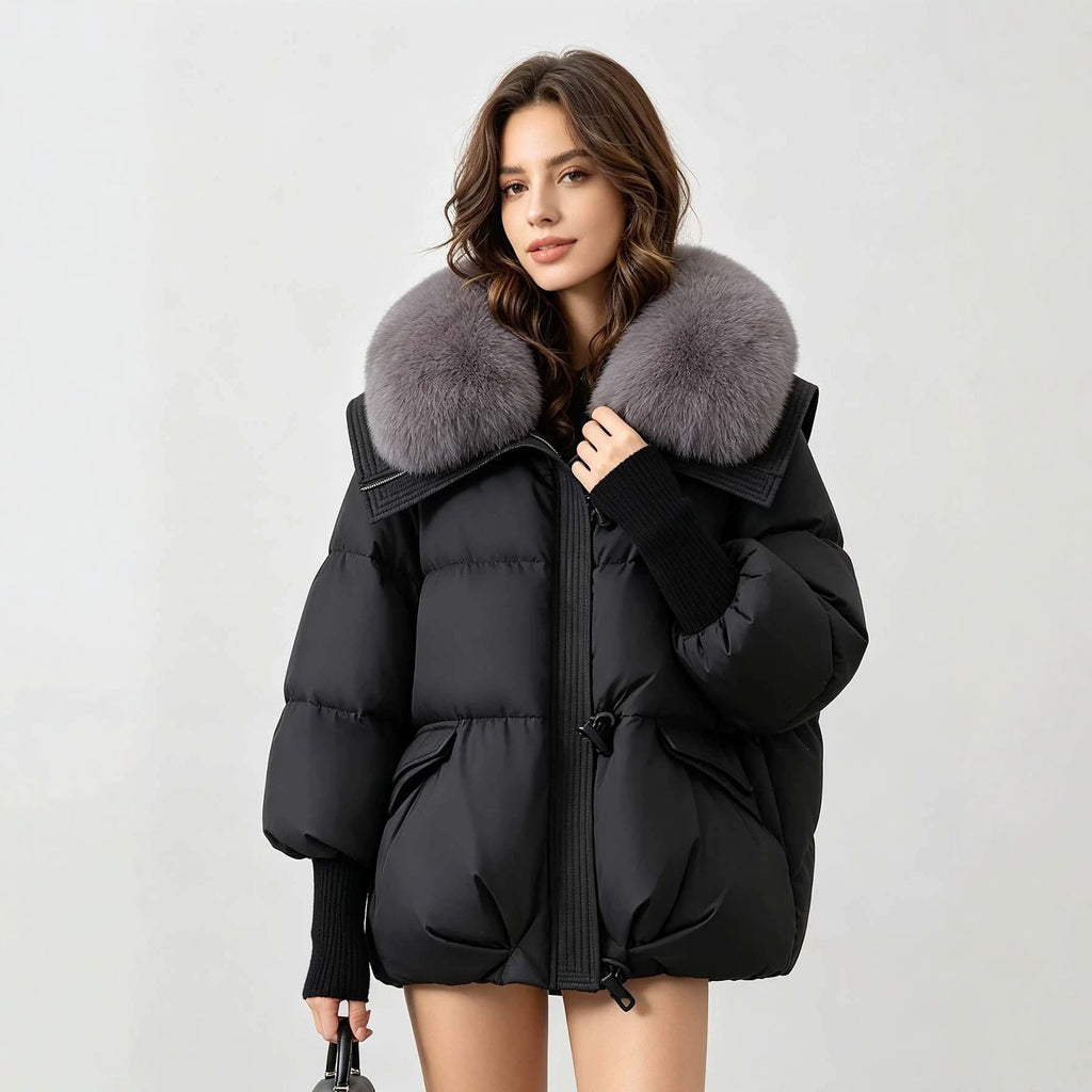 Women's Loose Cropped Puffer Jacket with Oversized Fur Collar