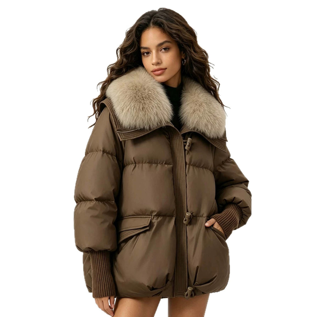 Women's Loose Cropped Puffer Jacket with Oversized Fur Collar