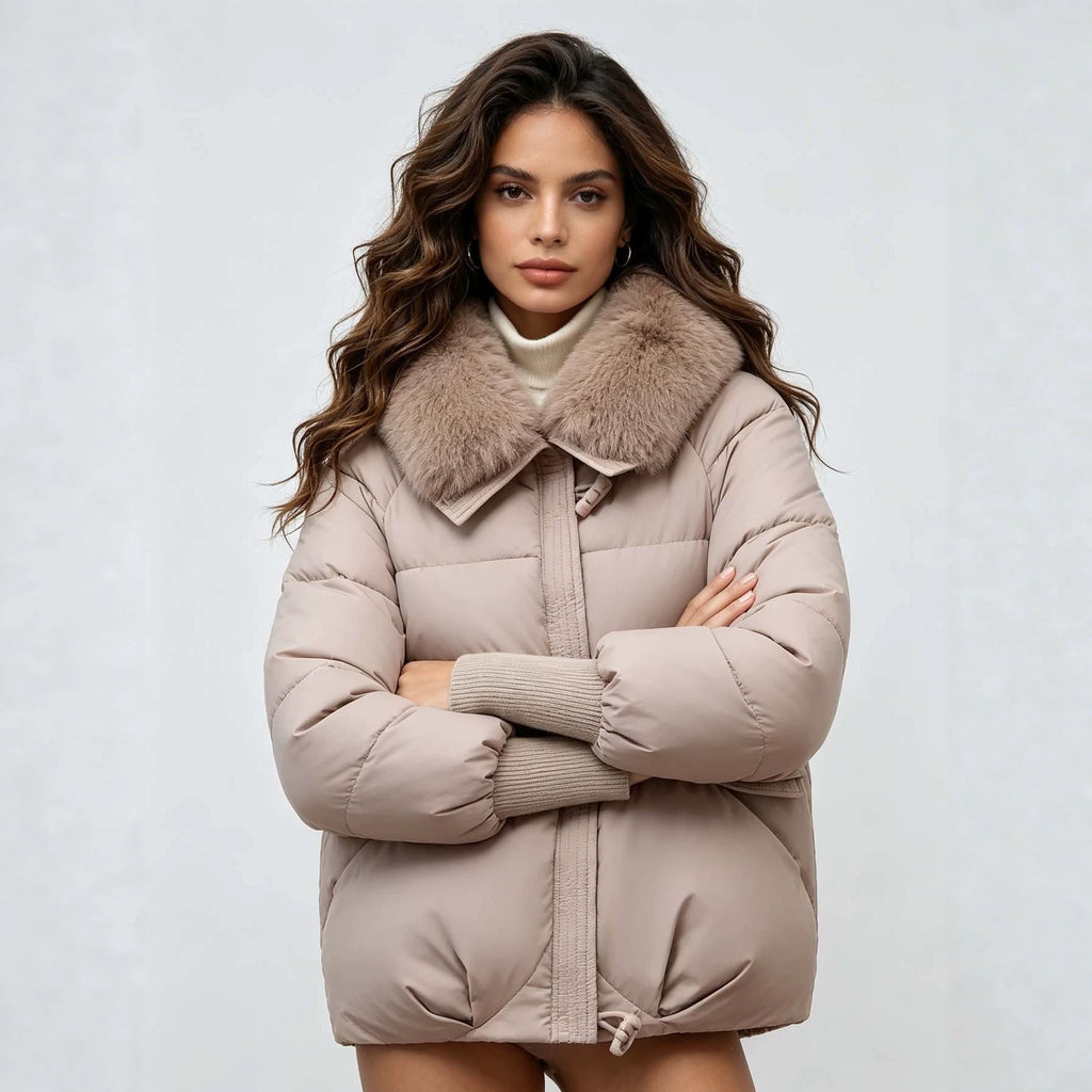 Women's Loose Cropped Puffer Jacket with Oversized Fur Collar